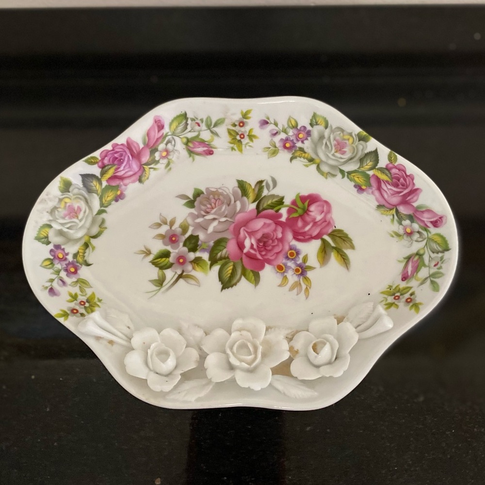 Vintage White Floral Dish with Pink Rose Accent